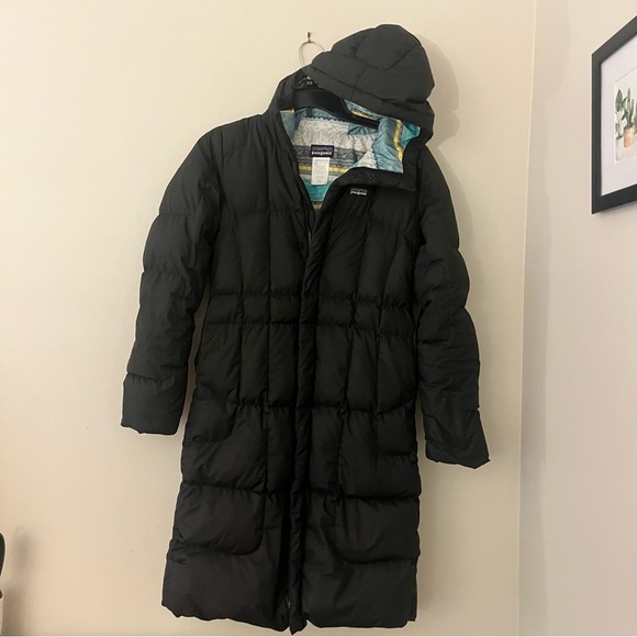 Patagonia Girls Black Long Down Puffer Parka  with Hood Large (12) - Picture 2 of 13